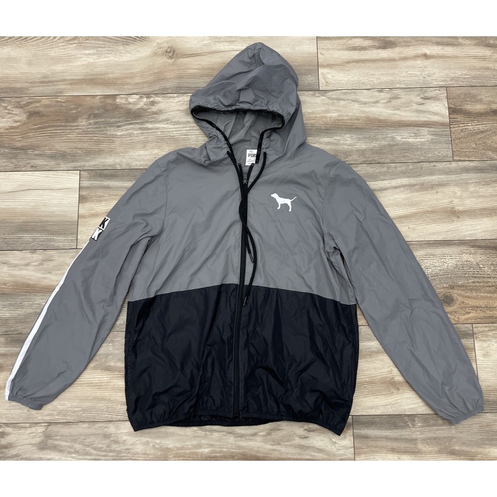 PINK Victoria's Secret Hooded Windbreaker Jacket Gray Black Zip XS Running Jog